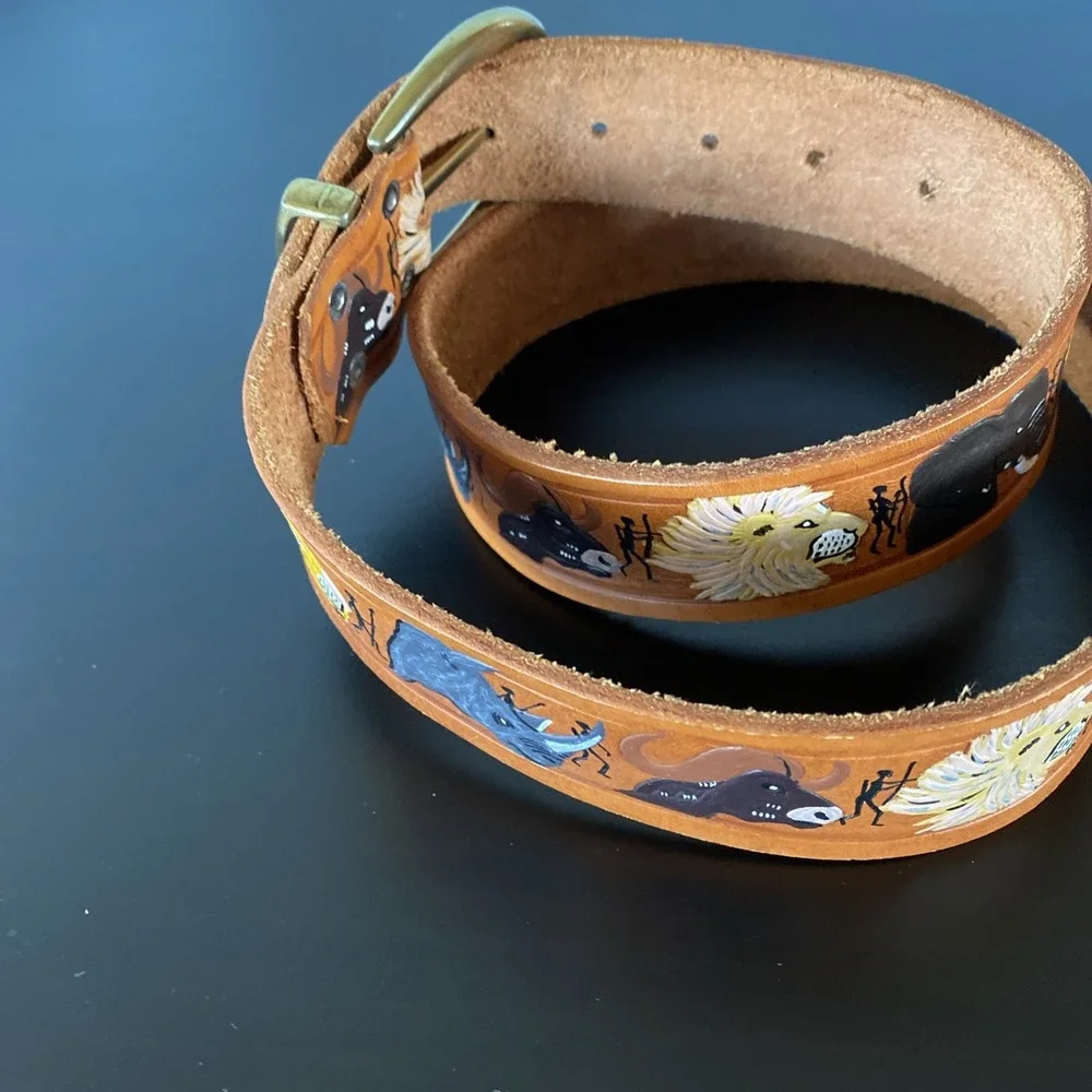 Tooled Leather Belt Brown Hand Painted Animals Safari Africa‎ Artisan  Boho 34